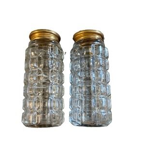 Vintage Hazel Atlas Salt Pepper Shakers Clear Glass Cube Block Gold Lids